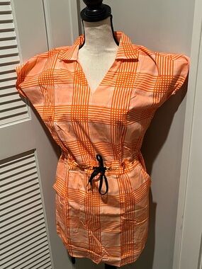 Orange Plaid Drawstring Mini Dress with V-Neck Collar